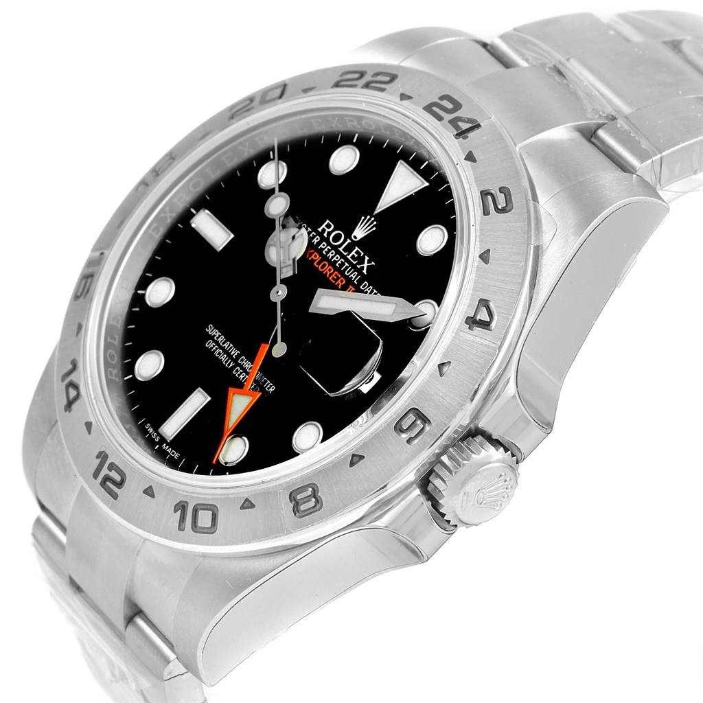 The image shows a close-up angled view of a Rolex Explorer 216570 Men's Stainless Steel Black Dial 216570 Men's Stainless Steel Black Dial watch, featuring the dial, bezel, crown, and part of the bracelet.