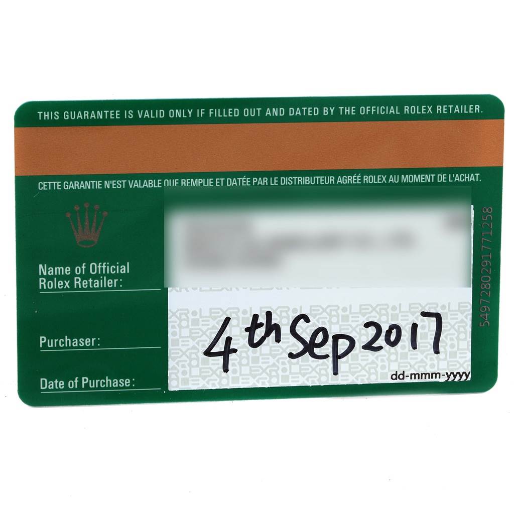 This image shows a warranty card for the Rolex Explorer 216570 Men's Stainless Steel Black Dial 216570 Men's Stainless Steel Black Dial model, dated 4th Sep 2017.