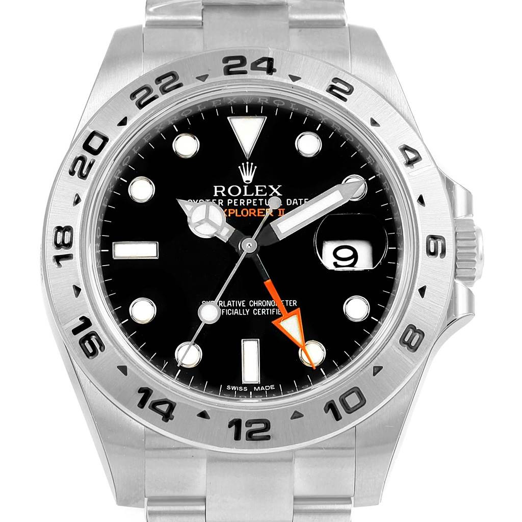 The image shows a front view of the Rolex Explorer 216570 Men's Stainless Steel Black Dial 216570 Men's Stainless Steel Black Dial watch, displaying its face, bezel, and part of the bracelet.