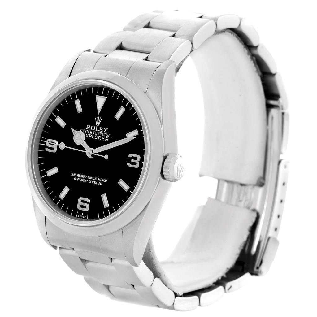 The Rolex Explorer 14270 Men's Stainless Steel Black Dial 14270 Men's Stainless Steel Black Dial watch is shown at a slight angle, displaying the face, bezel, crown, and part of the bracelet.
