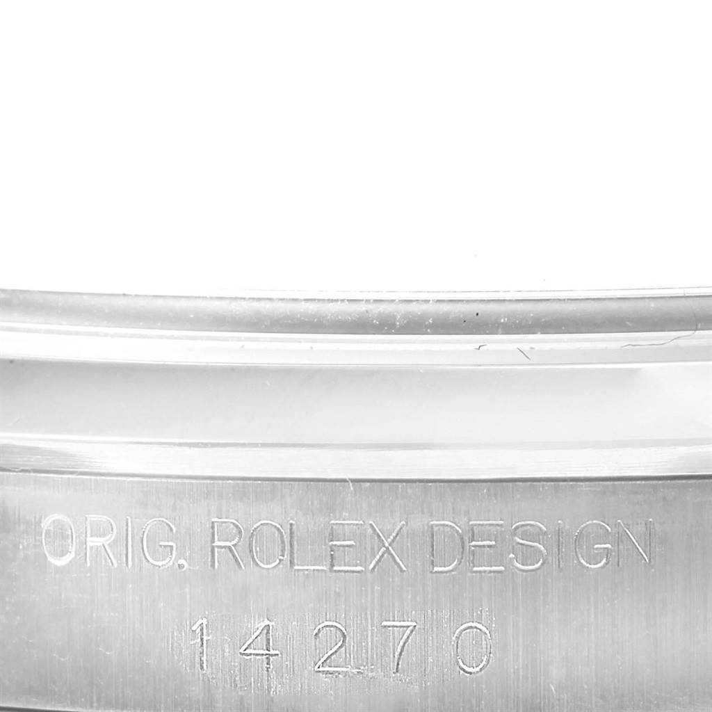 The image shows the inner bezel of a Rolex Explorer 14270 Men's Stainless Steel Black Dial 14270 Men's Stainless Steel Black Dial watch, highlighting the engraved model number "14270."