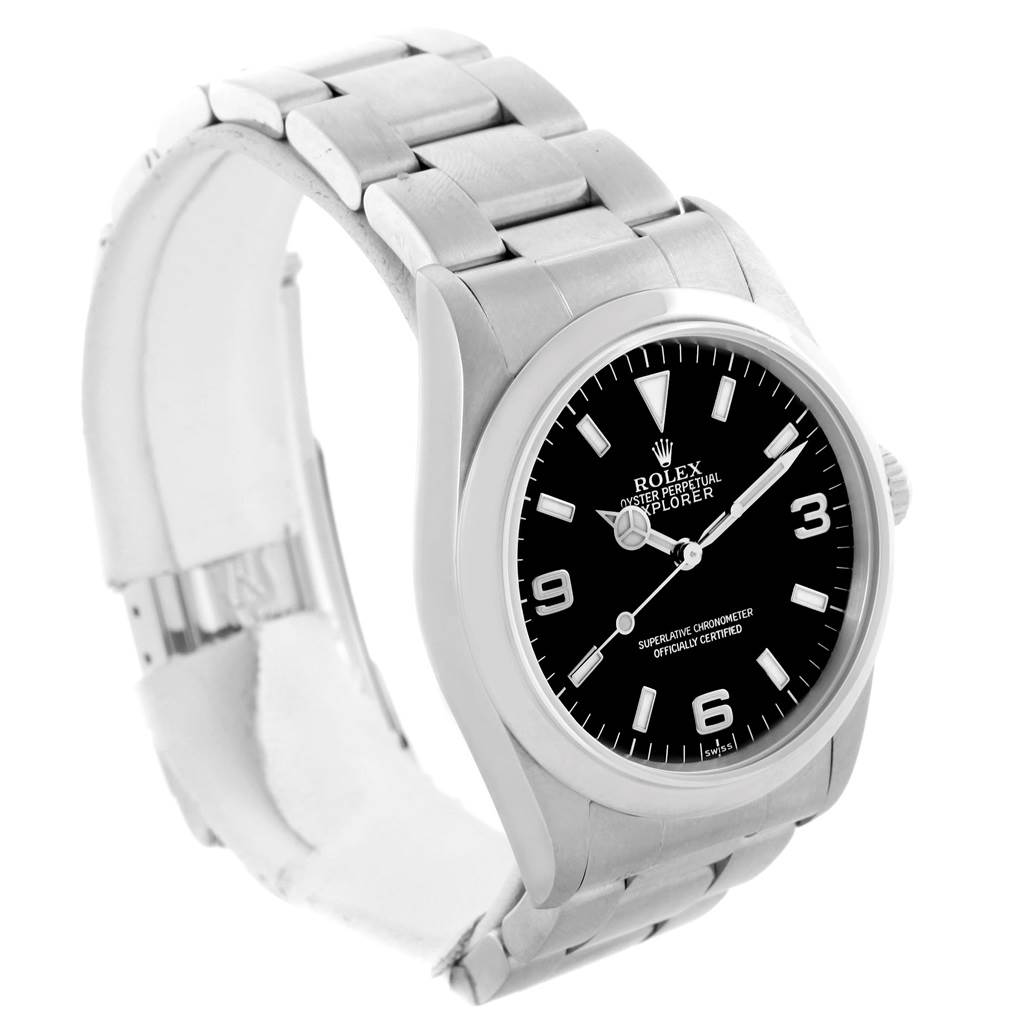 The Rolex Explorer 14270 Men's Stainless Steel Black Dial 14270 Men's Stainless Steel Black Dial watch is shown at a side angle, featuring the bracelet, case, crown, and black dial.
