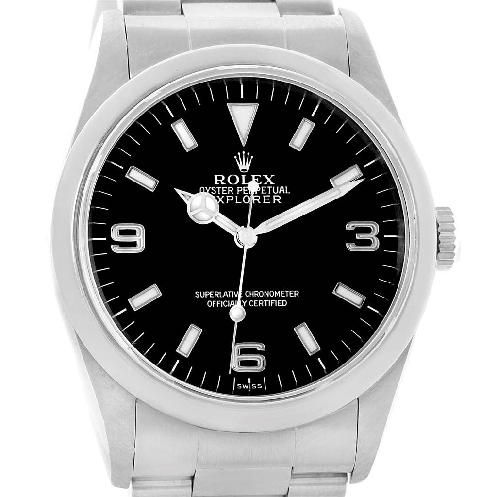 This image shows a frontal view of the Rolex Explorer 14270 Men's Stainless Steel Black Dial 14270 Men's Stainless Steel Black Dial watch featuring the dial, hands, case, and part of the bracelet.