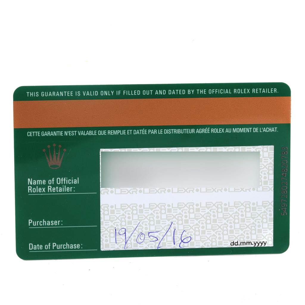 The image shows a Rolex guarantee card for the Explorer model, highlighting purchase details and official retailer information.