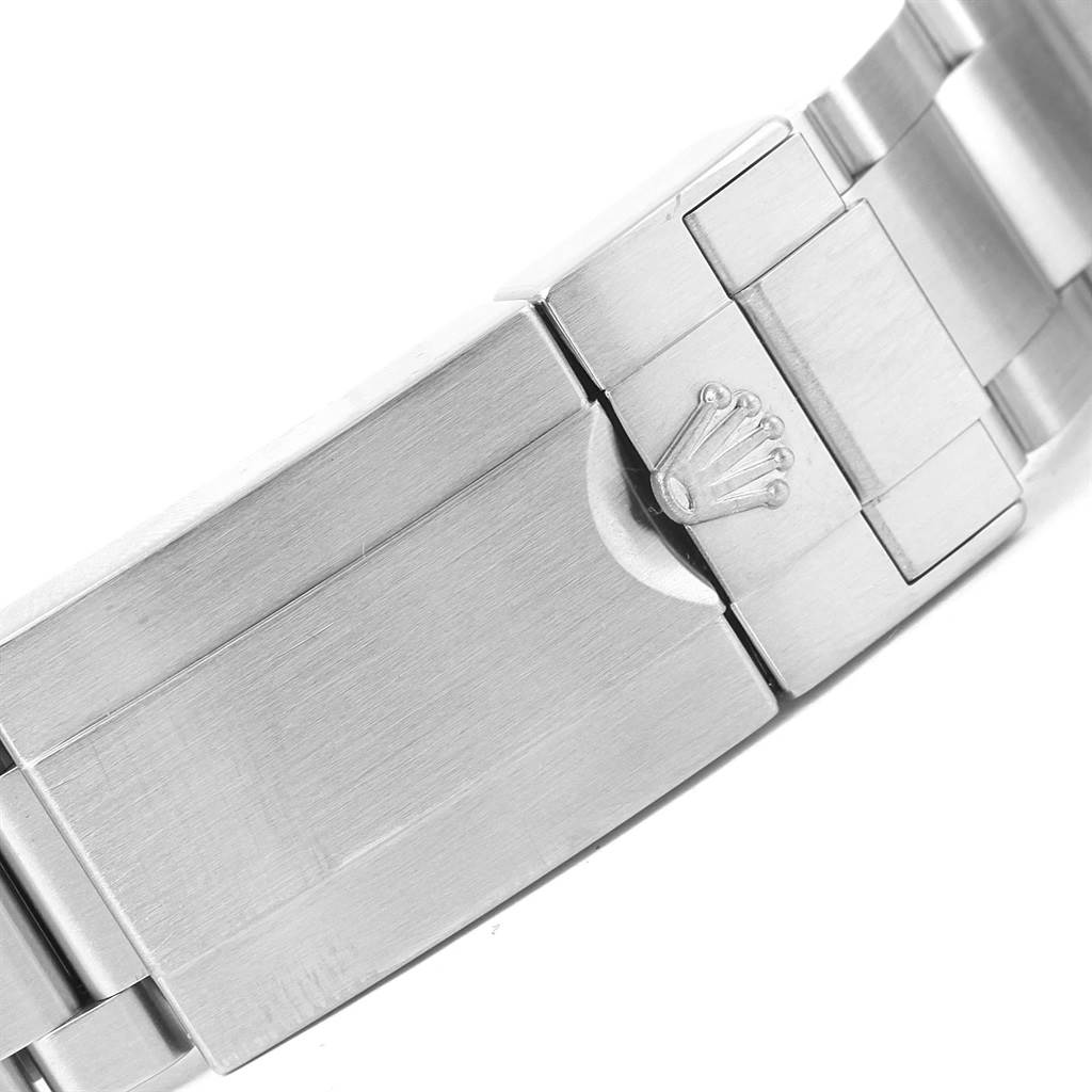 This image shows a close-up of the clasp and part of the bracelet of a Rolex Explorer 216570 Men's Stainless Steel Black Dial 216570 Men's Stainless Steel Black Dial watch.