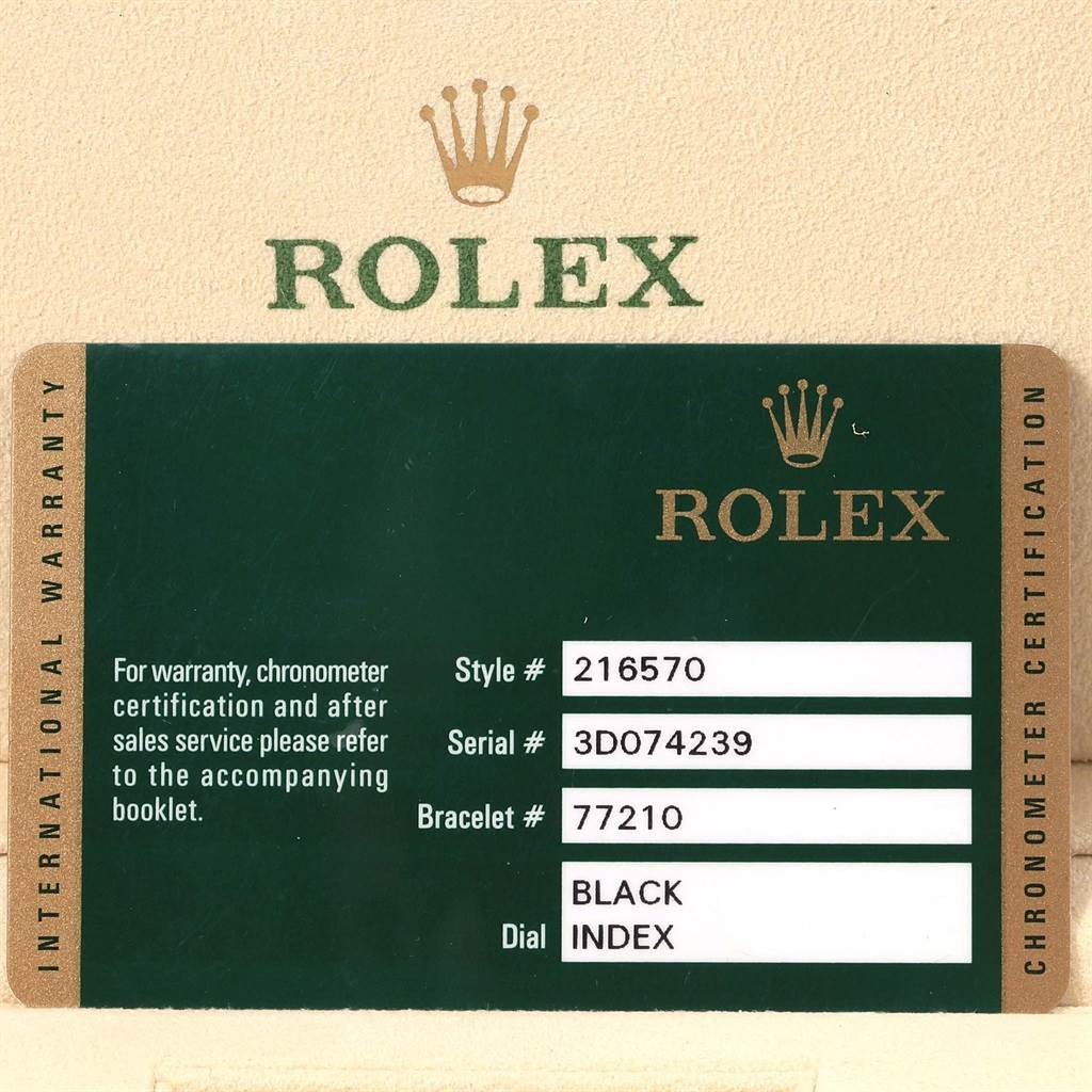 The image shows the international warranty card for the Rolex Explorer 216570 Men's Stainless Steel Black Dial 216570 Men's Stainless Steel Black Dial model, including style, serial, and bracelet numbers.