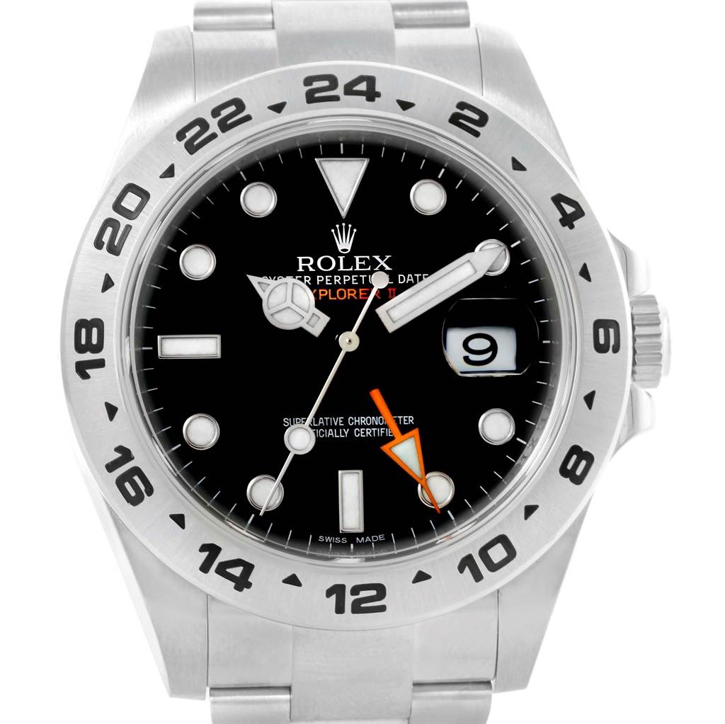 This is a frontal view of the Rolex Explorer 216570 Men's Stainless Steel Black Dial 216570 Men's Stainless Steel Black Dial watch showing the dial, bezel, hands, markers, and date window.
