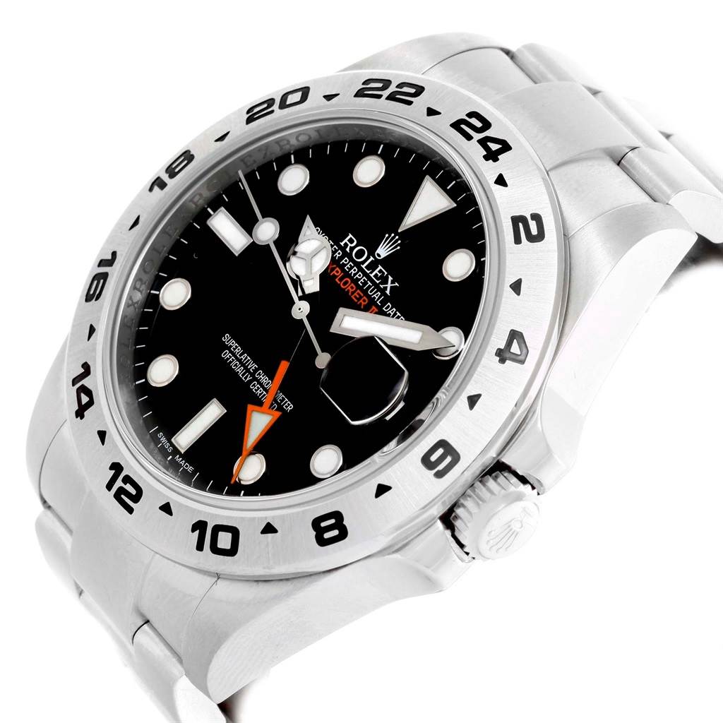 This image shows a side angle of the Rolex Explorer 216570 Men's Stainless Steel Black Dial 216570 Men's Stainless Steel Black Dial watch, highlighting the bezel, crown, and part of the bracelet.