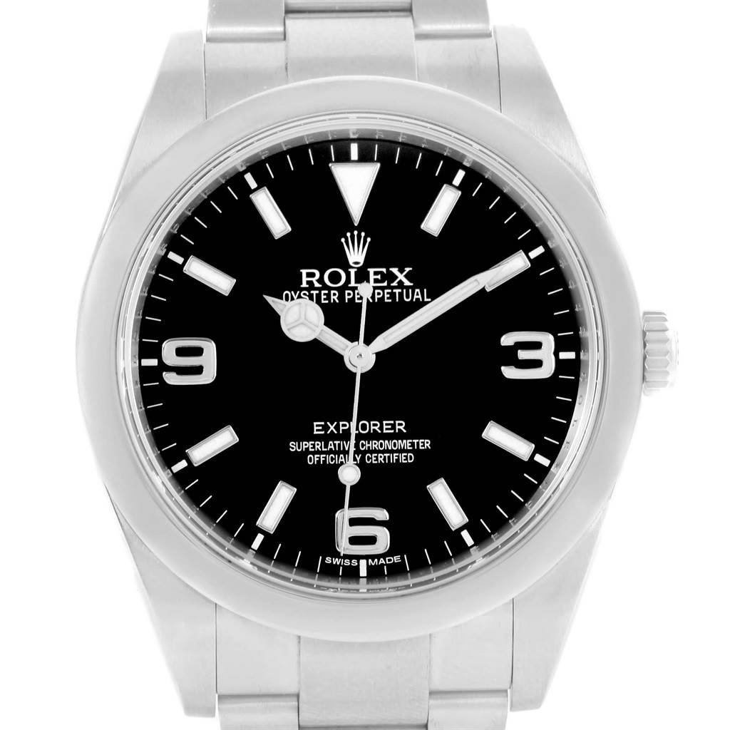 This Rolex Explorer 214270 Men's Stainless Steel Black Dial 214270 Men's Stainless Steel Black Dial model watch is shown from a front angle, displaying the dial, bezel, and part of the bracelet.