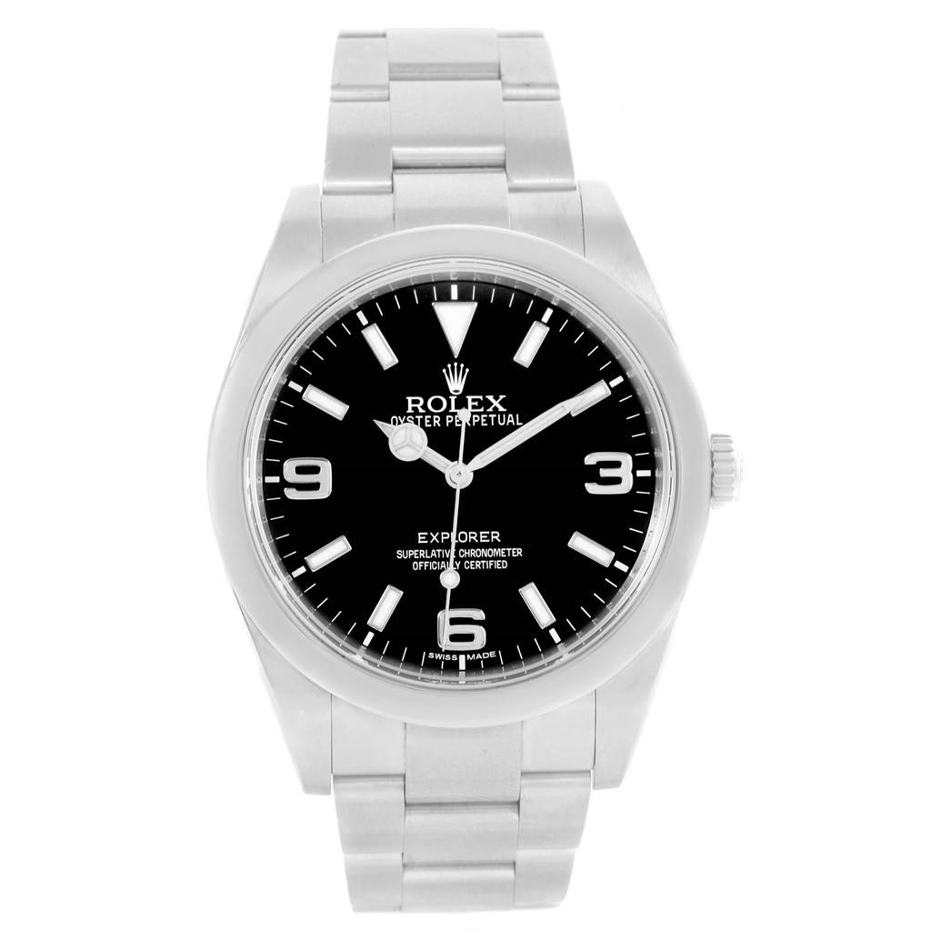 This is a front view of the Rolex Explorer 214270 Men's Stainless Steel Black Dial 214270 Men's Stainless Steel Black Dial watch, showing the dial, hands, crown, and a part of the bracelet.