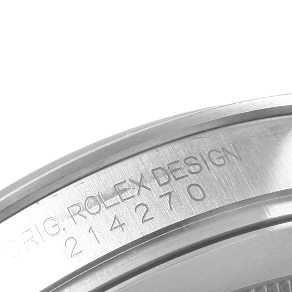 The image shows an angled close-up of the side engraving on a Rolex Explorer 214270 Men's Stainless Steel Black Dial 214270 Men's Stainless Steel Black Dial model.