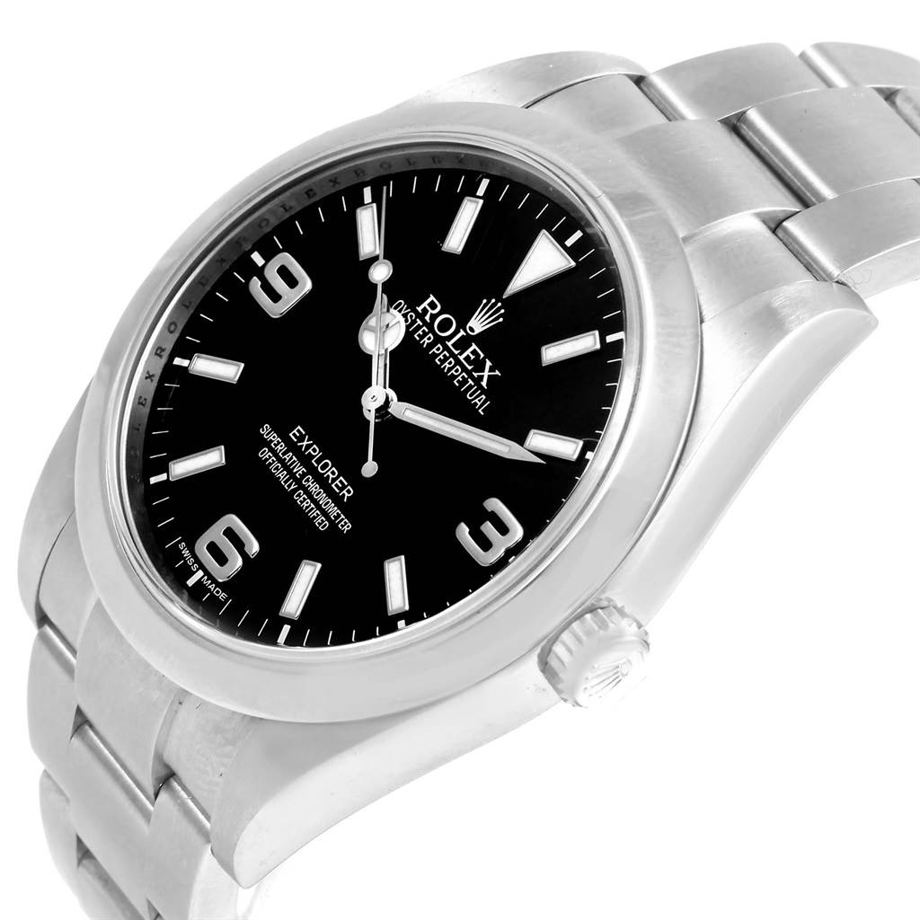 This image shows a Rolex Explorer 214270 Men's Stainless Steel Black Dial 214270 Men's Stainless Steel Black Dial watch at an angle, highlighting the face, part of the bracelet, and the crown.