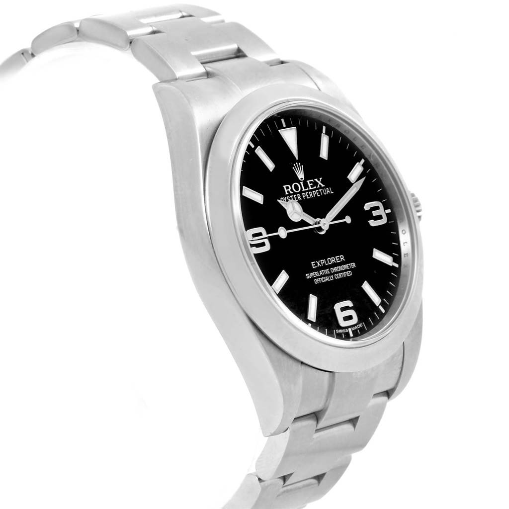This is a side-angle view of a Rolex Explorer 214270 Men's Stainless Steel Black Dial 214270 Men's Stainless Steel Black Dial watch, showing the case, black dial, and part of the bracelet.