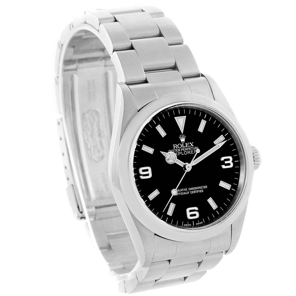 The image shows a Rolex Explorer 114270 Men's Stainless Steel Black Dial 114270 Men's Stainless Steel Black Dial watch at a three-quarter angle, highlighting its dial, case, and bracelet.