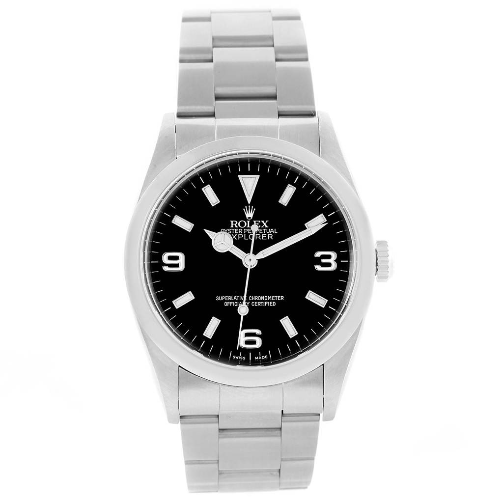 The image shows a front view of a Rolex Explorer 114270 Men's Stainless Steel Black Dial 114270 Men's Stainless Steel Black Dial watch, highlighting its black dial, Oyster case, bracelet, and crown.