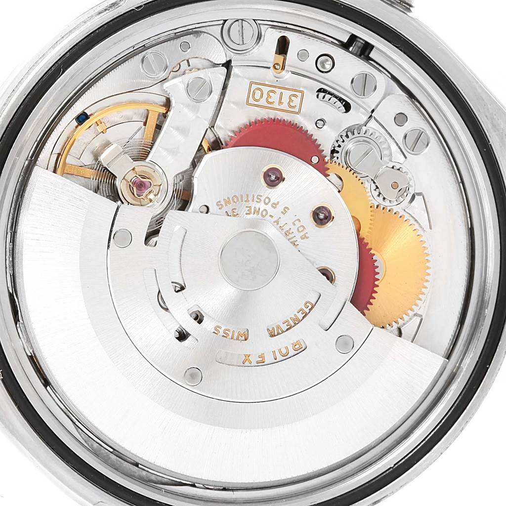 This image shows the back view of a Rolex Explorer 114270 Men's Stainless Steel Black Dial 114270 Men's Stainless Steel Black Dial model, highlighting its internal mechanical movement and components.