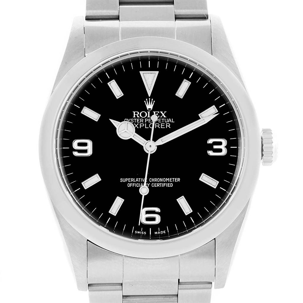 This image shows a Rolex Explorer 114270 Men's Stainless Steel Black Dial 114270 Men's Stainless Steel Black Dial watch from a front angle, displaying the dial, hands, bezel, and part of the bracelet.