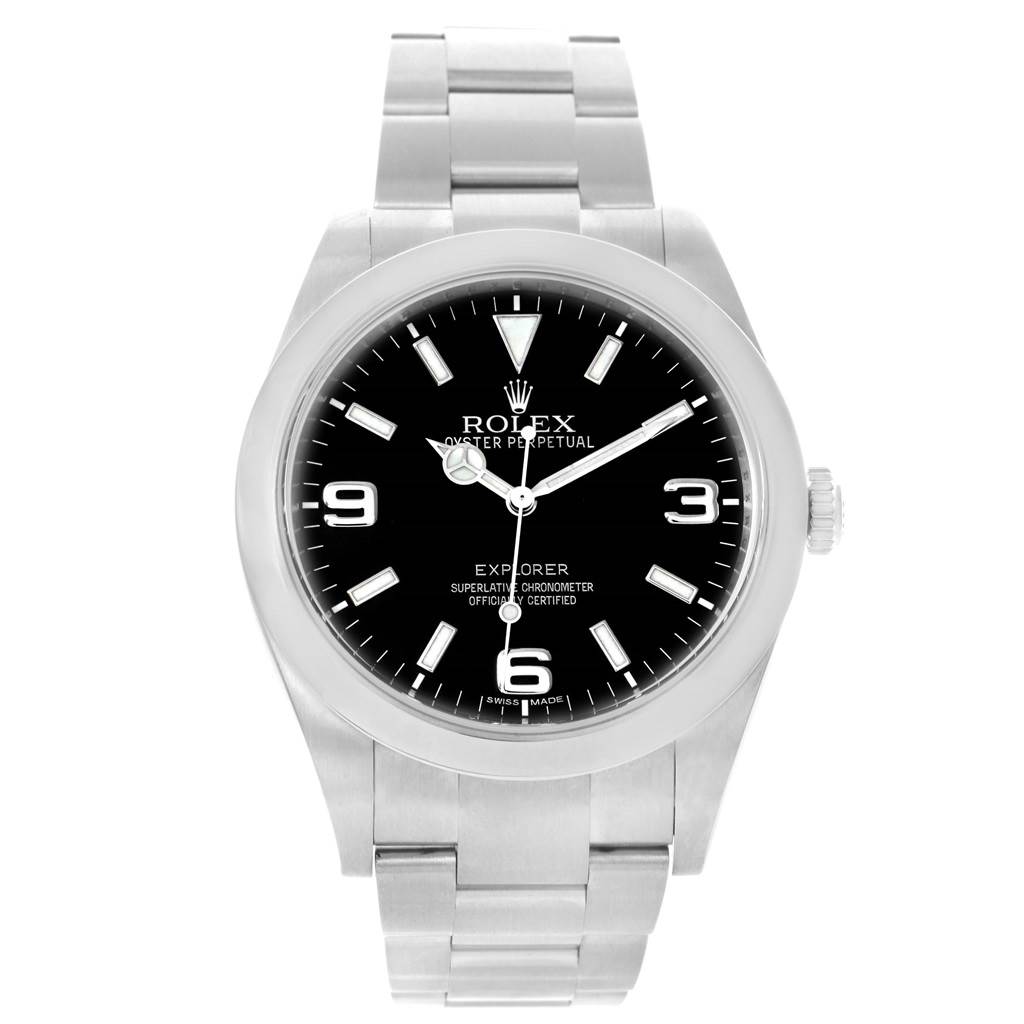 The image shows a Rolex Explorer 214270 Men's Stainless Steel Black Dial 214270 Men's Stainless Steel Black Dial watch from a front angle, displaying the face, hands, and part of the bracelet.