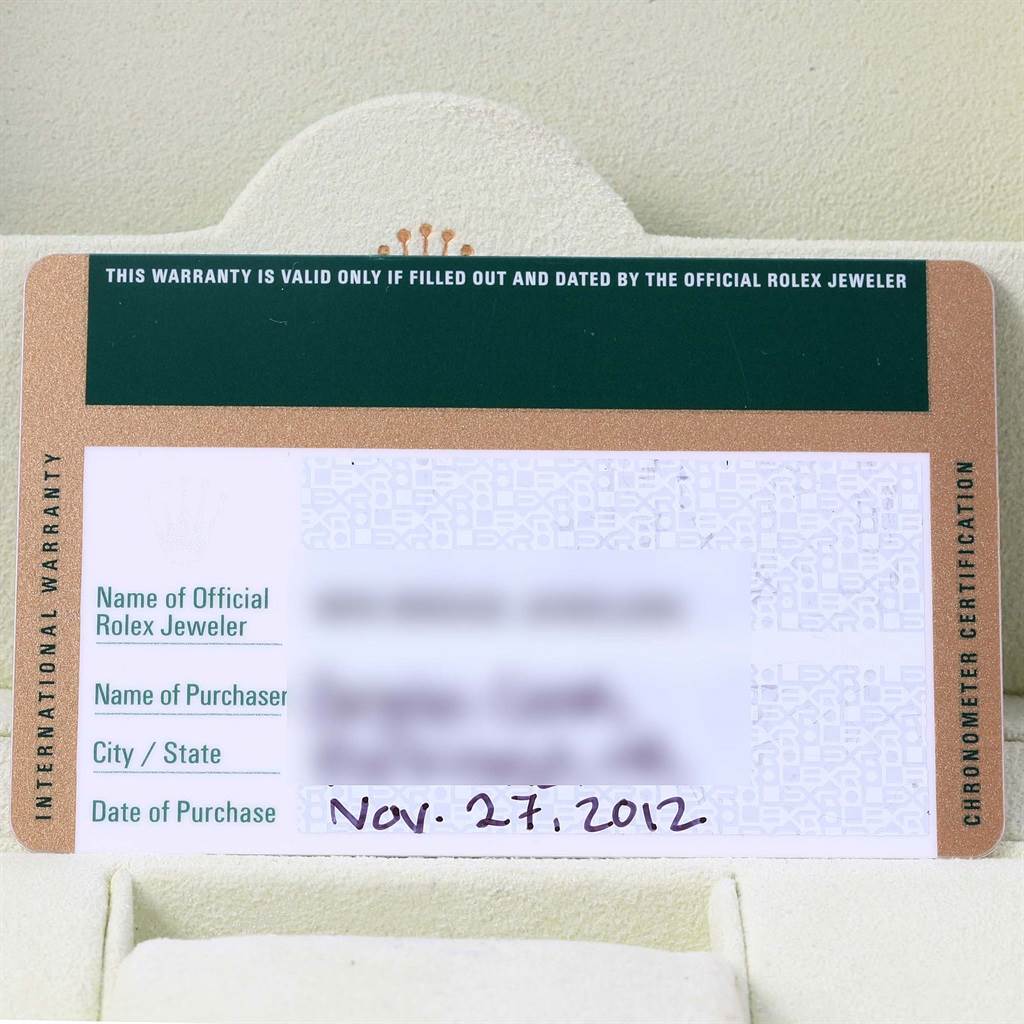 The image shows the warranty card for a Rolex Explorer 214270 Men's Stainless Steel Black Dial 214270 Men's Stainless Steel Black Dial watch, indicating official information and the date of purchase.