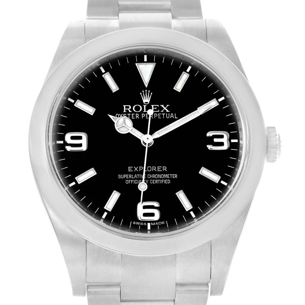 The image shows a front view of the Rolex Explorer 214270 Men's Stainless Steel Black Dial 214270 Men's Stainless Steel Black Dial watch, highlighting its dial, hands, bracelet, and crown.
