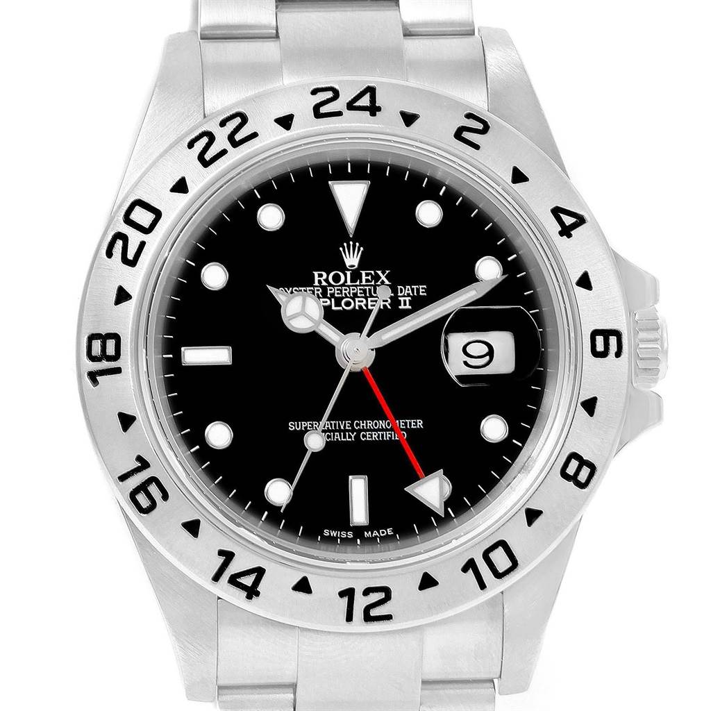 This Rolex Explorer 16570 Men's Stainless Steel Black Dial 16570 Men's Stainless Steel Black Dial watch is shown from the front, highlighting its black dial, date window, and stainless steel bracelet.