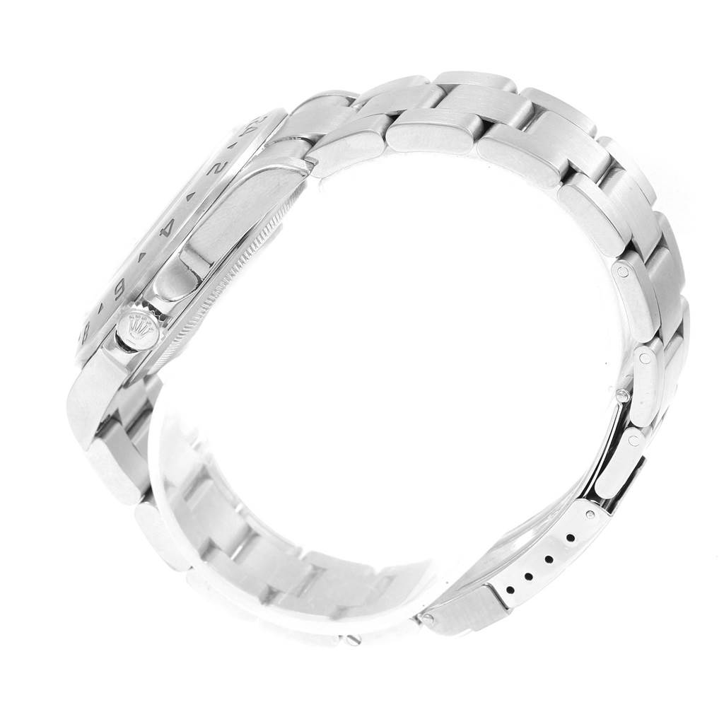 The image shows a side view of the Rolex Explorer 16570 Men's Stainless Steel Black Dial 16570 Men's Stainless Steel Black Dial watch, highlighting its bracelet and side of the case.