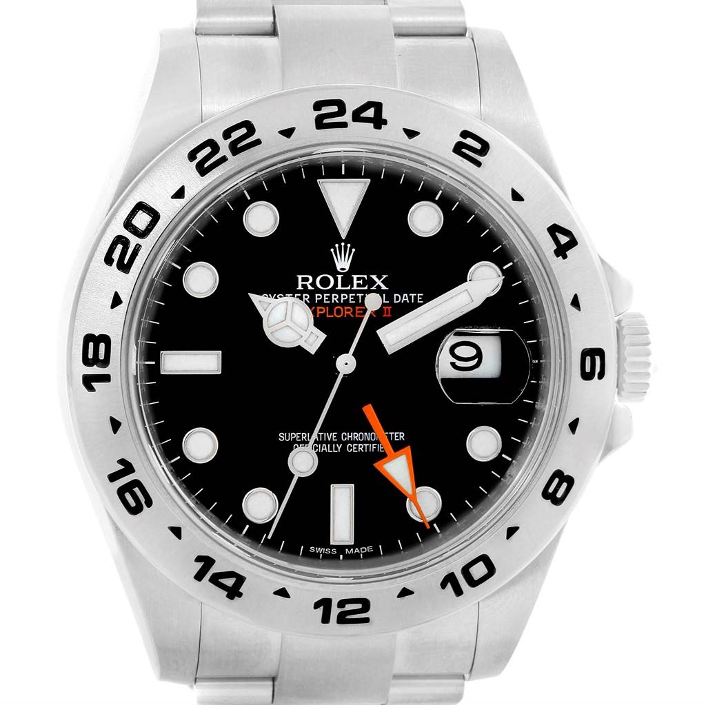 The image shows a front view of the Rolex Explorer 216570 Men
s Stainless Steel Black Dial 216570 Men
s Stainless Steel Black Dial watch, highlighting its dial, hands, date window, and bezel.
