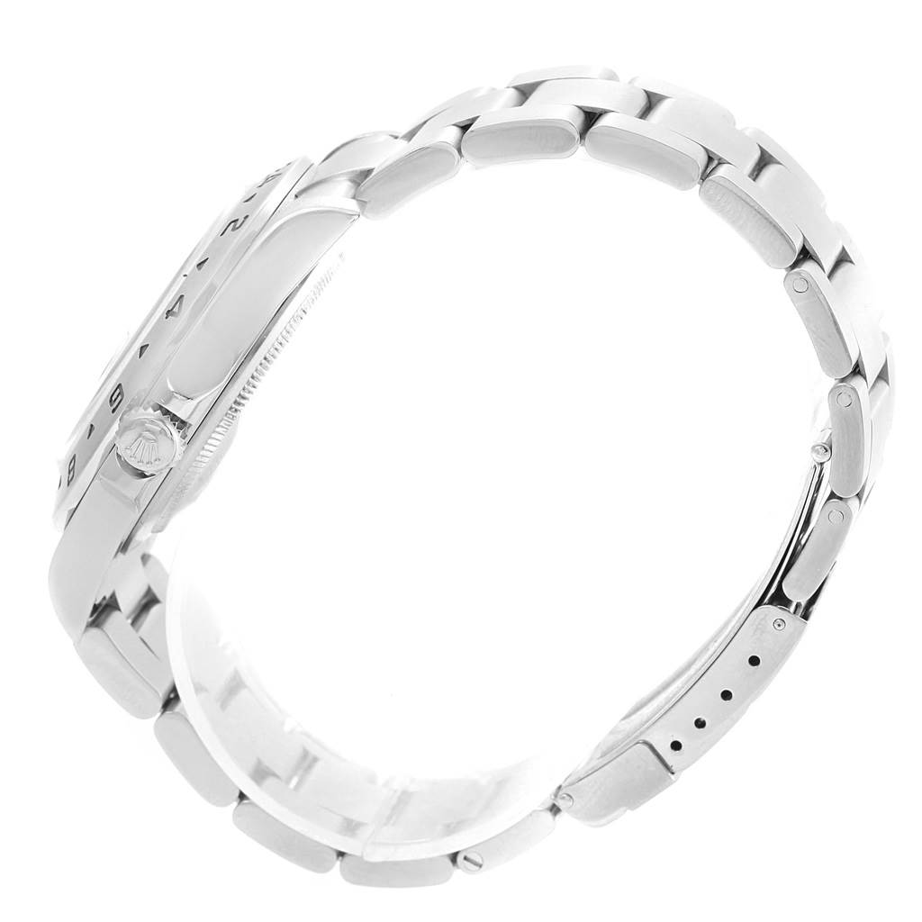 This image shows a side view of the Rolex Explorer 16570 Men's Stainless Steel Black Dial 16570 Men's Stainless Steel Black Dial watch, focusing on the case, crown, and bracelet.