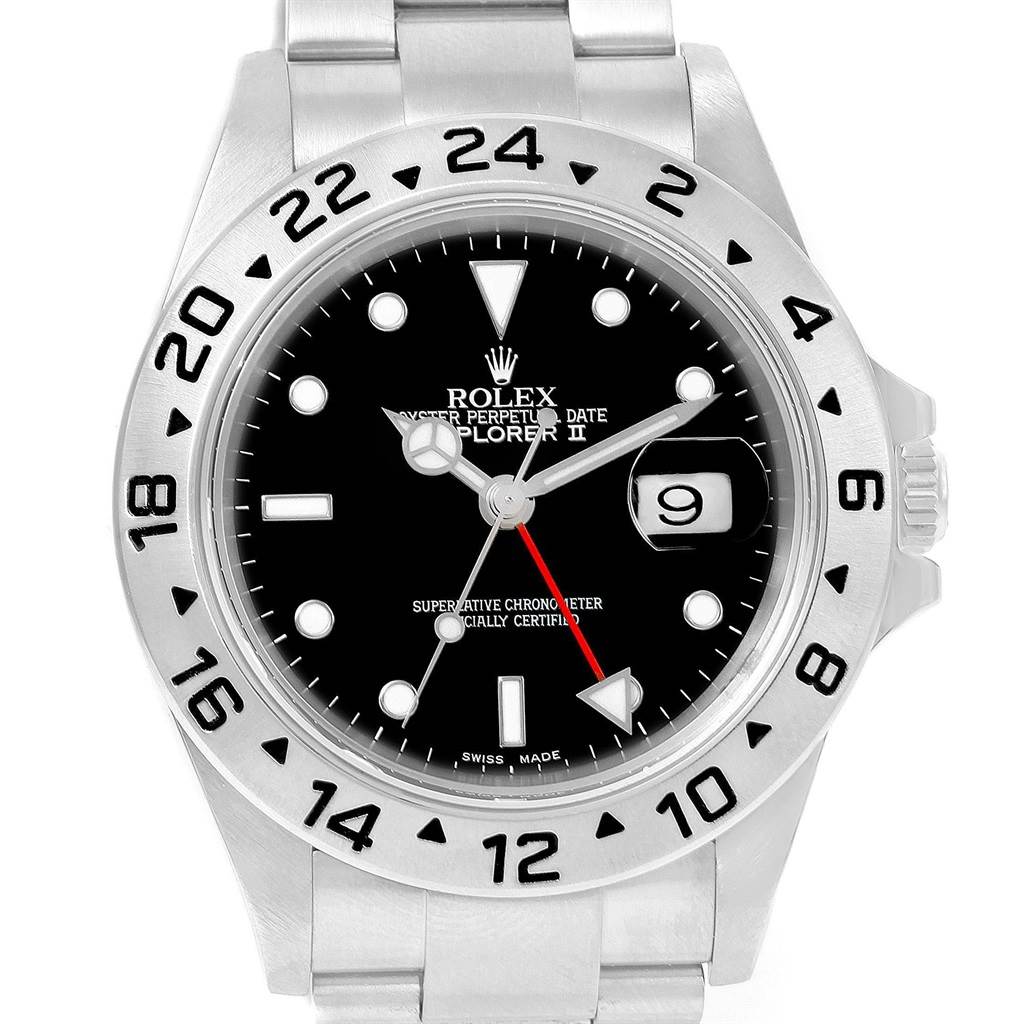 The image shows a front view of the Rolex Explorer 16570 Men's Stainless Steel Black Dial 16570 Men's Stainless Steel Black Dial watch, highlighting its bezel, dial, hands, date window, and bracelet.