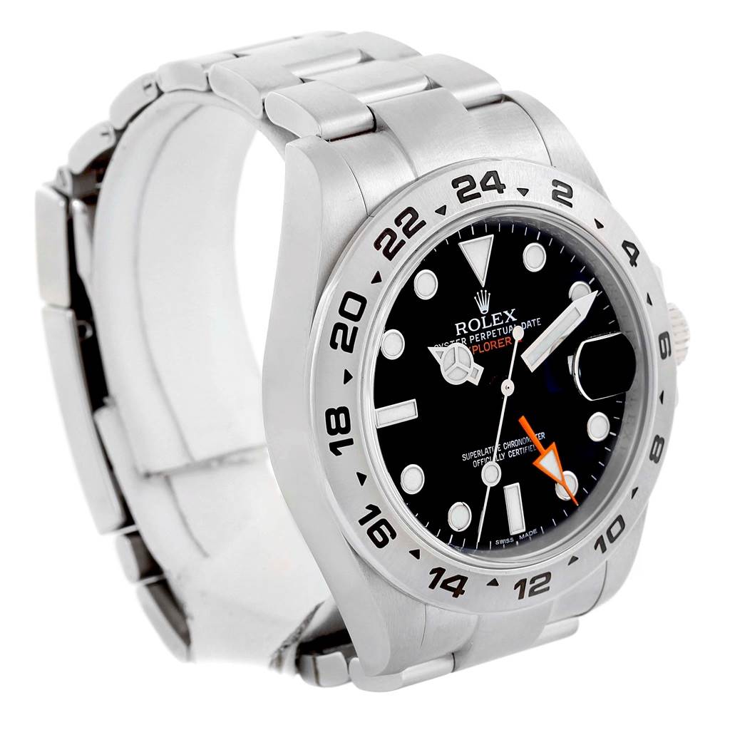 The Rolex Explorer 216570 Men's Stainless Steel Black Dial 216570 Men's Stainless Steel Black Dial watch is shown at an oblique angle, displaying its face, bezel, bracelet, and crown.