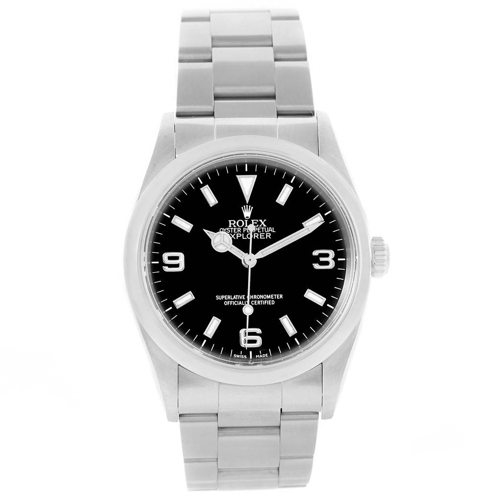 The image shows the front view of a Rolex Explorer 114270 Men's Stainless Steel Black Dial 114270 Men's Stainless Steel Black Dial watch, displaying its black dial and stainless steel bracelet.