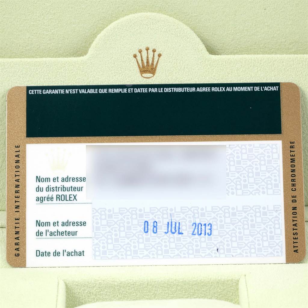 The image shows the guarantee card for the Rolex Explorer 216570 Men's Stainless Steel White Dial 216570 Men's Stainless Steel White Dial model, featuring purchase details.