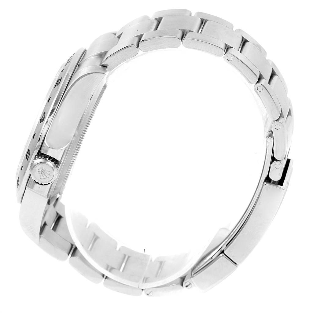 This image shows the Rolex Explorer 216570 Men's Stainless Steel White Dial 216570 Men's Stainless Steel White Dial watch from a side angle, highlighting the case, bezel, crown, and bracelet.