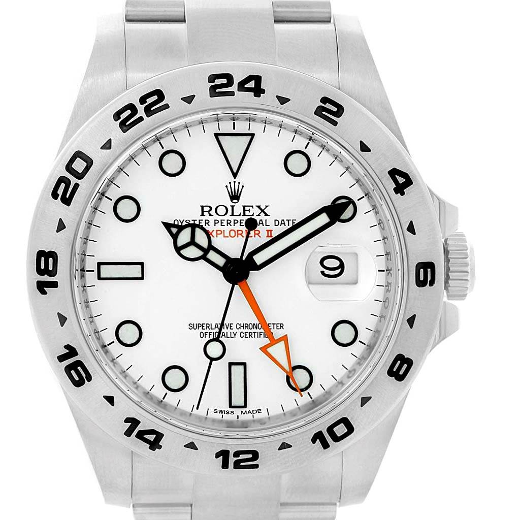 This image shows a frontal view of a Rolex Explorer 216570 Men's Stainless Steel White Dial 216570 Men's Stainless Steel White Dial watch, featuring its dial, bezel, and part of the bracelet.