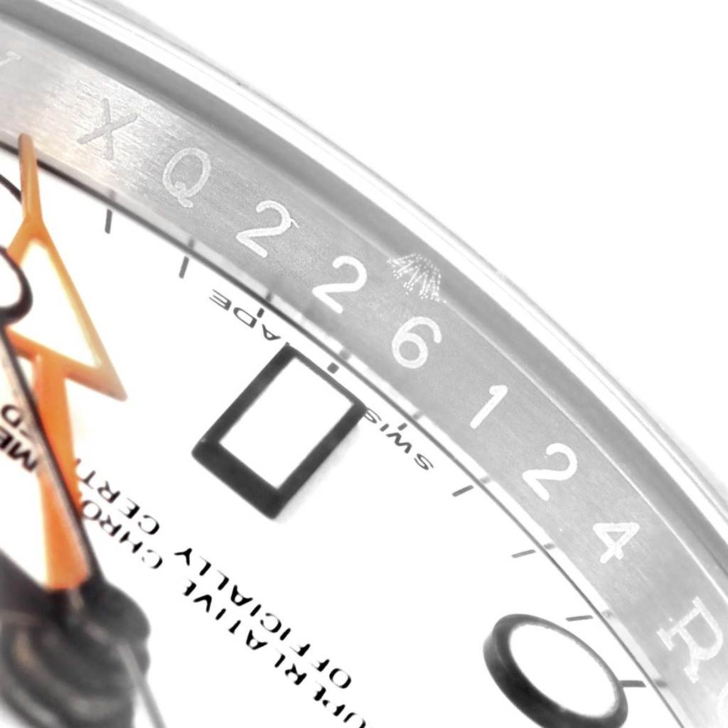 The image shows a close-up angle of the Rolex Explorer 216570 Men's Stainless Steel White Dial 216570 Men's Stainless Steel White Dial watch, focusing on the numerals, dial, and part of the hands.
