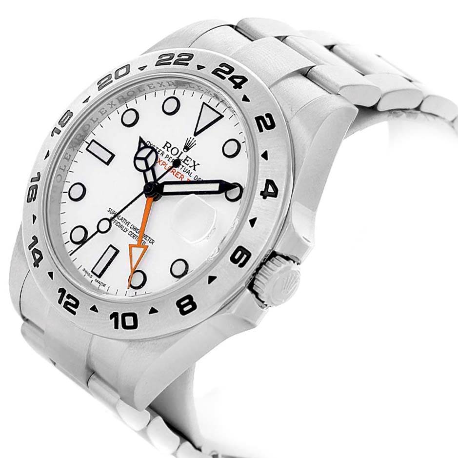 The image shows a side-angle view of a Rolex Explorer 216570 Men's Stainless Steel White Dial 216570 Men's Stainless Steel White Dial model, highlighting the dial, bezel, crown, and bracelet.