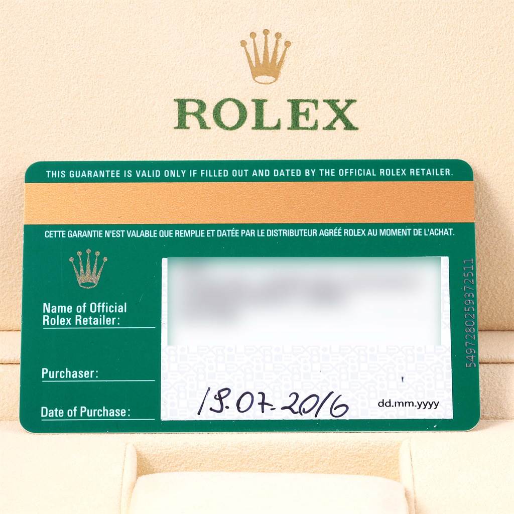 This image shows the warranty card for the Rolex Explorer 216570 Men's Stainless Steel White Dial 216570 Men's Stainless Steel White Dial watch, along with the brand logo above it.