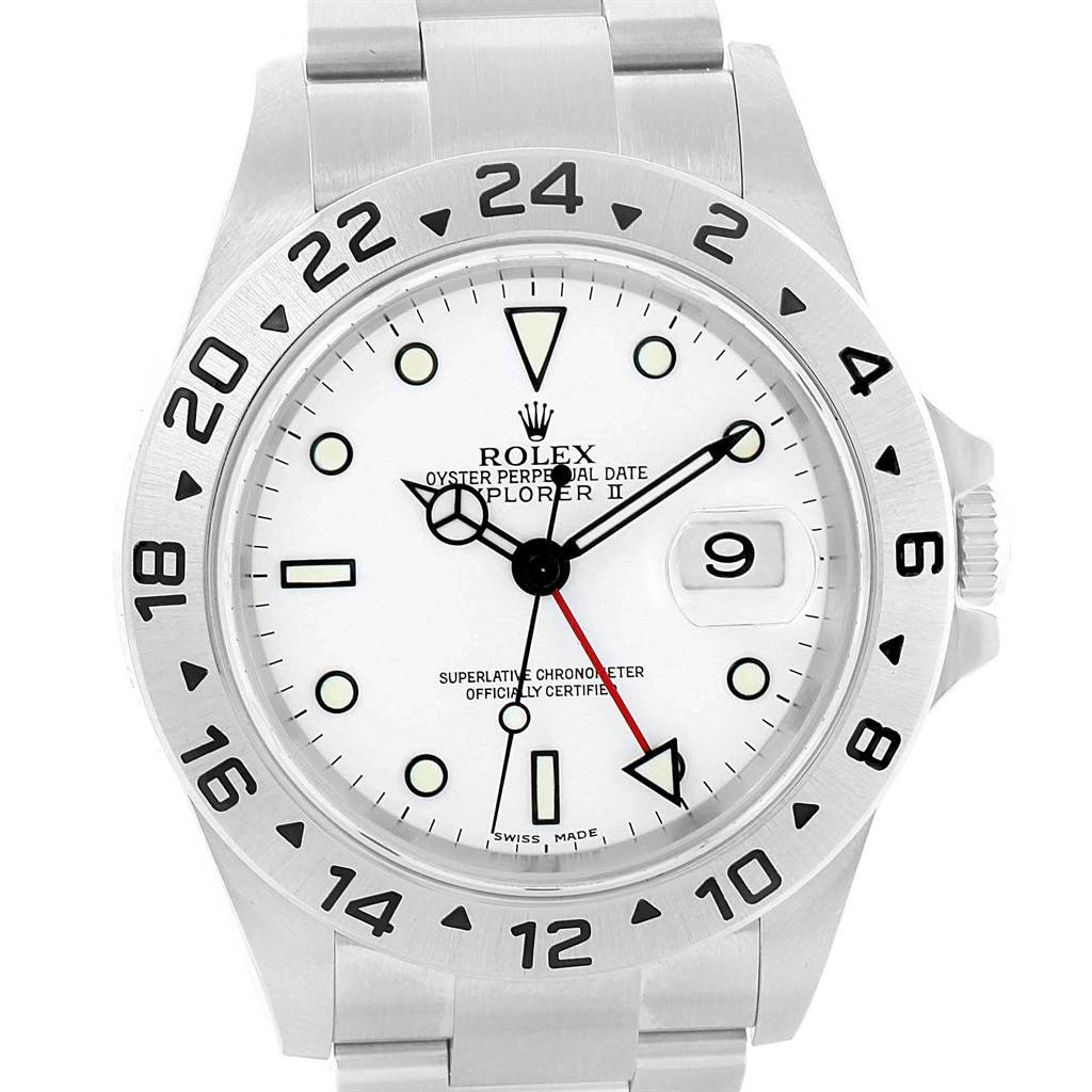 The image shows the front angle of a Rolex Explorer 16570 Men's Stainless Steel White Dial 16570 Men's Stainless Steel White Dial watch, focusing on its dial, hands, and bezel.