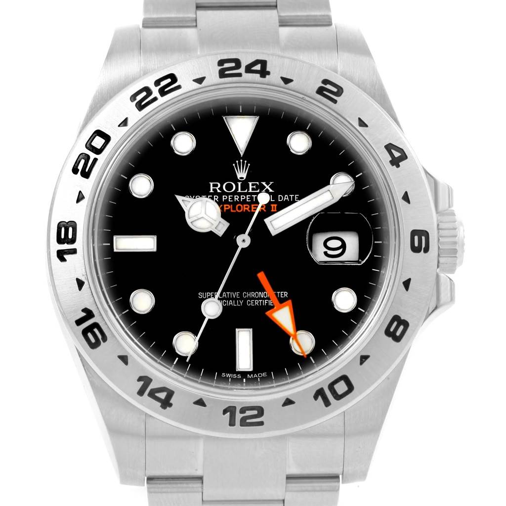 The image shows a front view of the Rolex Explorer 216570 Men's Stainless Steel Black Dial 216570 Men's Stainless Steel Black Dial watch, highlighting its bezel, black dial, hands, and date window.