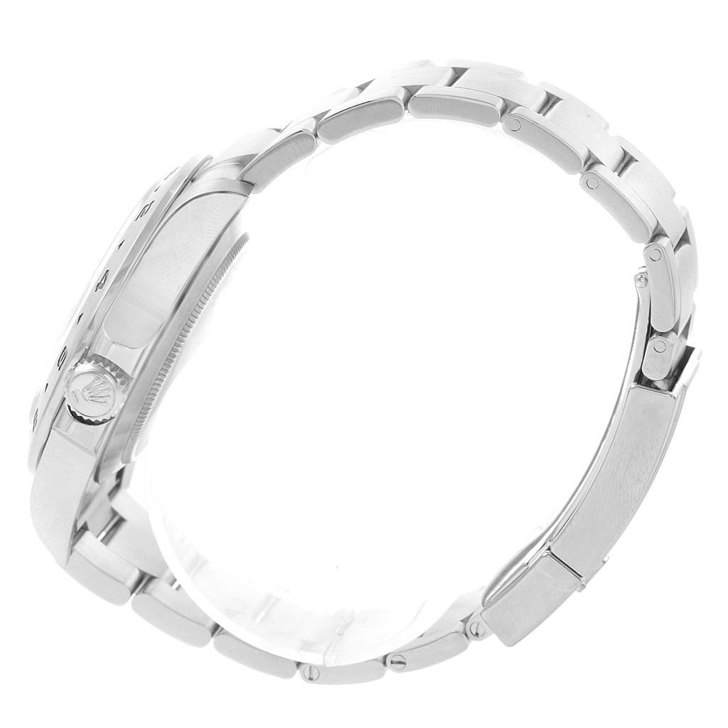 This side view displays the case, crown, and bracelet of the Rolex Explorer 216570 Men's Stainless Steel Black Dial 216570 Men's Stainless Steel Black Dial watch.