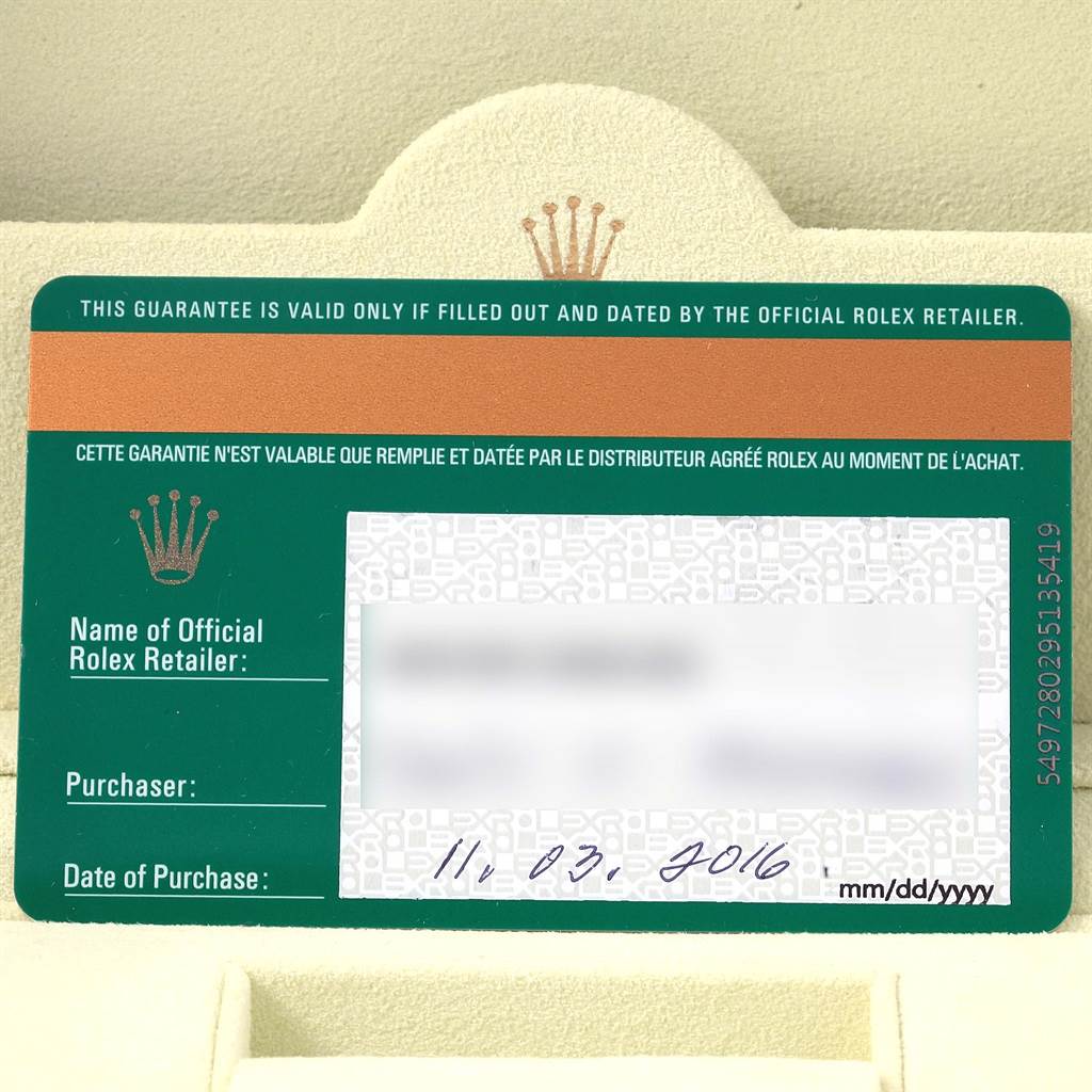 The image shows a Rolex guarantee card, partially complete with the date, for a Rolex Explorer 216570 Men's Stainless Steel Black Dial 216570 Men's Stainless Steel Black Dial model watch.