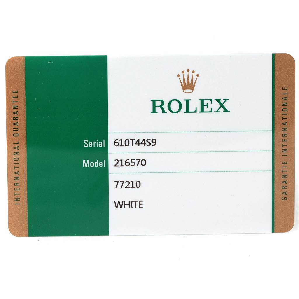 This image shows the guarantee card for a Rolex Explorer 216570 Men's Stainless Steel White Dial 216570 Men's Stainless Steel White Dial model 216570 watch.