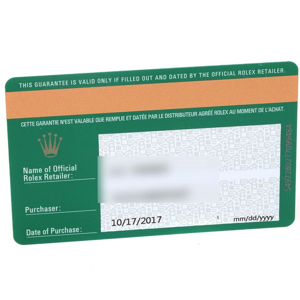 This image shows the warranty card for the Rolex Explorer 216570 Men's Stainless Steel White Dial 216570 Men's Stainless Steel White Dial model.