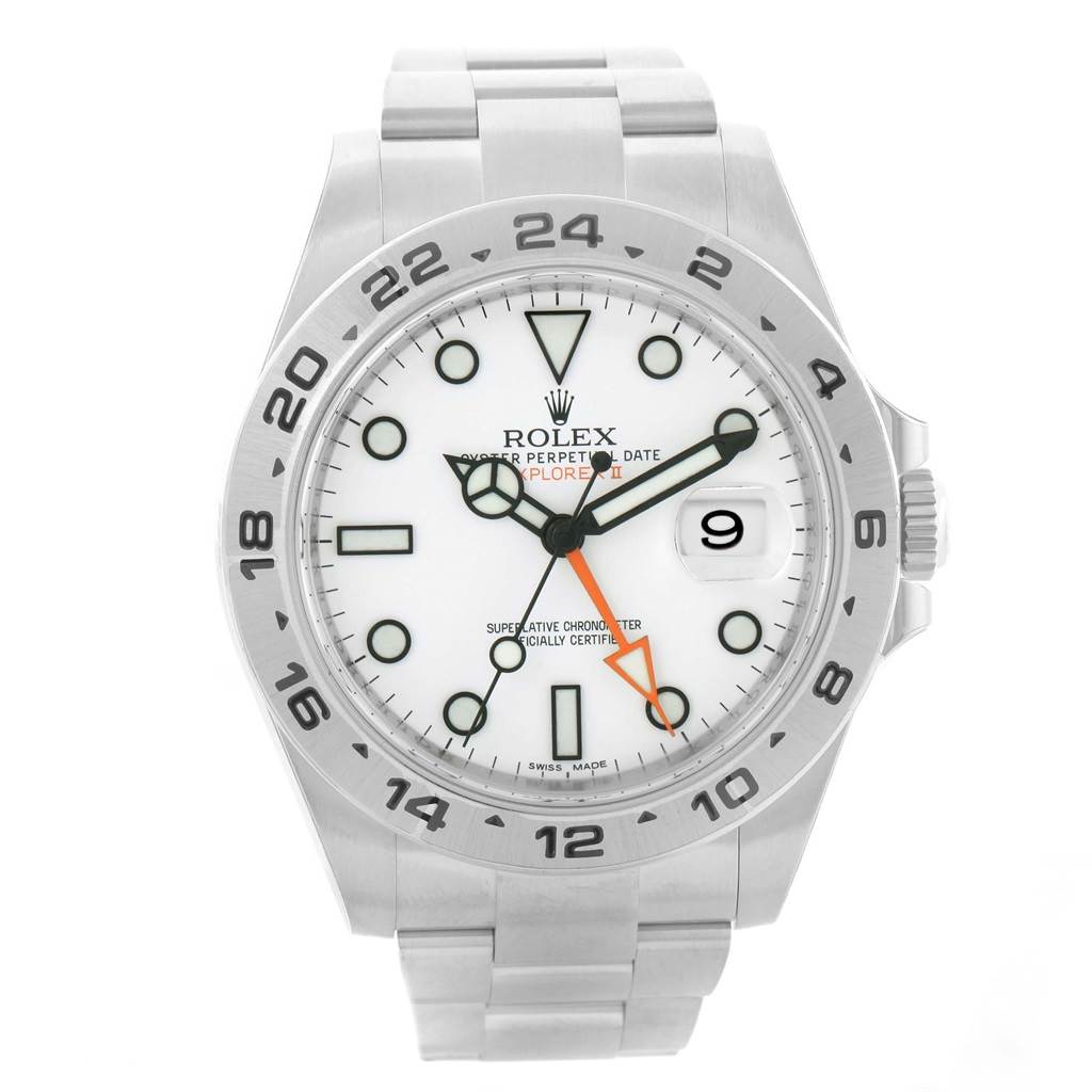 The Rolex Explorer 216570 Men's Stainless Steel White Dial 216570 Men's Stainless Steel White Dial model watch is shown from the front, displaying the dial, bezel, hands, date window, and bracelet.