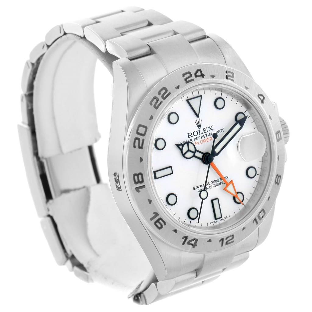 The image shows a Rolex Explorer 216570 Men's Stainless Steel White Dial 216570 Men's Stainless Steel White Dial model watch at a slight angle, highlighting its face, bezel, crown, and stainless steel bracelet.