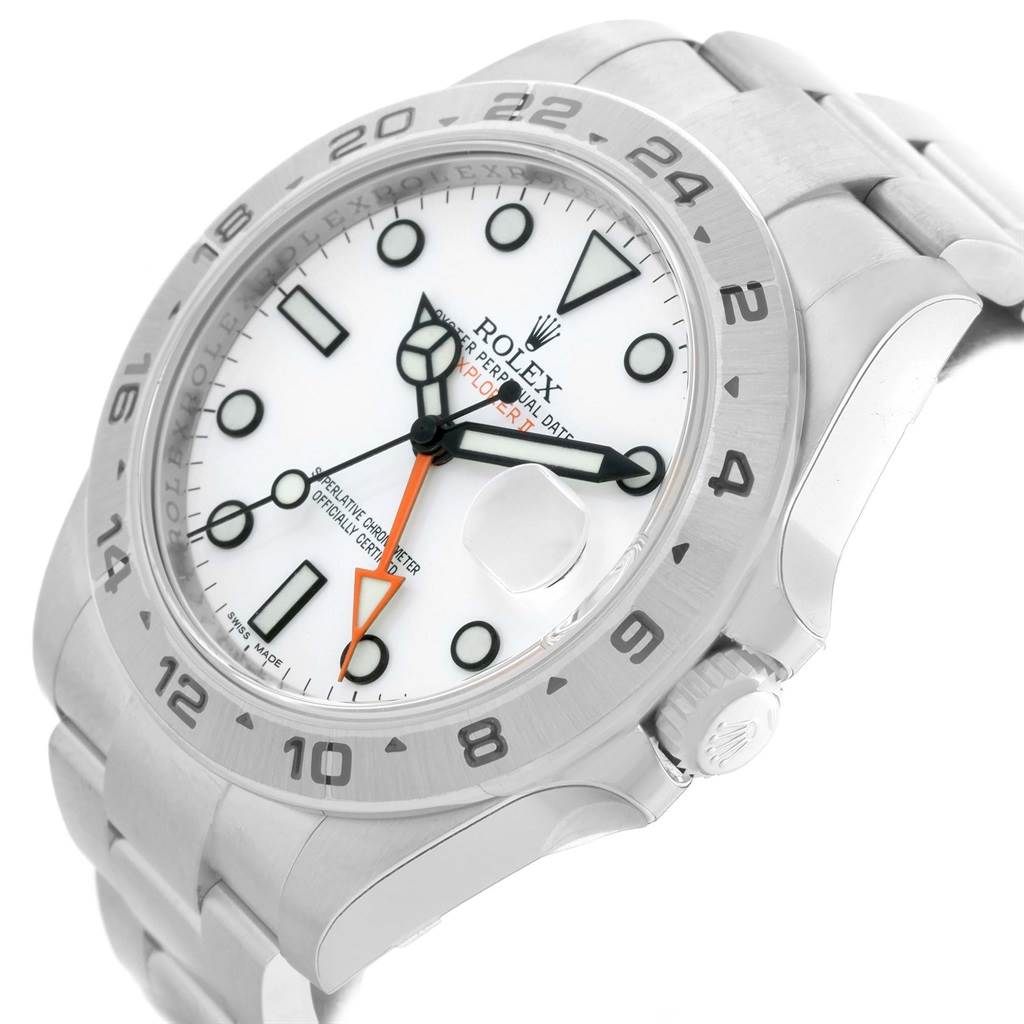 The image shows a side-angle view of a Rolex Explorer 216570 Men's Stainless Steel White Dial 216570 Men's Stainless Steel White Dial watch, highlighting the face, bezel, crown, and parts of the bracelet.