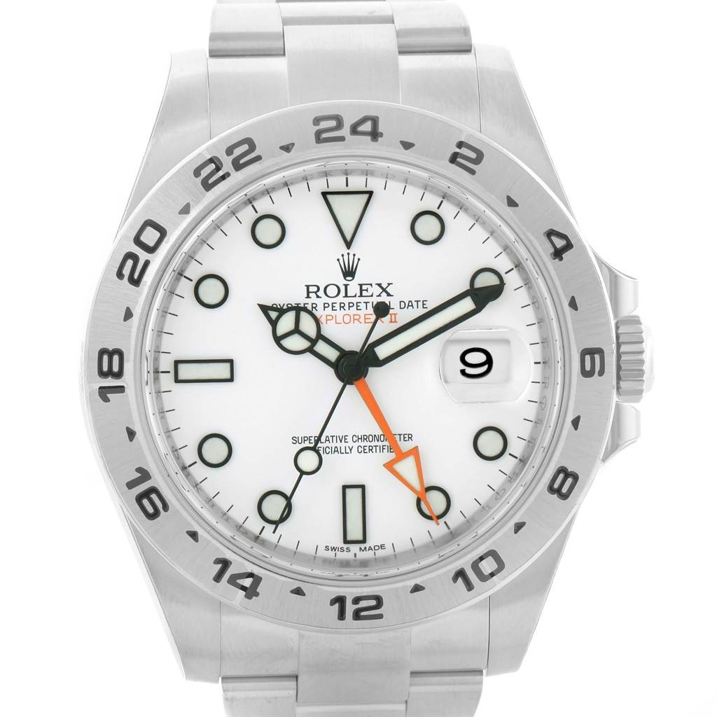 The image shows a front-facing view of a Rolex Explorer 216570 Men's Stainless Steel White Dial 216570 Men's Stainless Steel White Dial watch, featuring its dial, bezel, and bracelet.