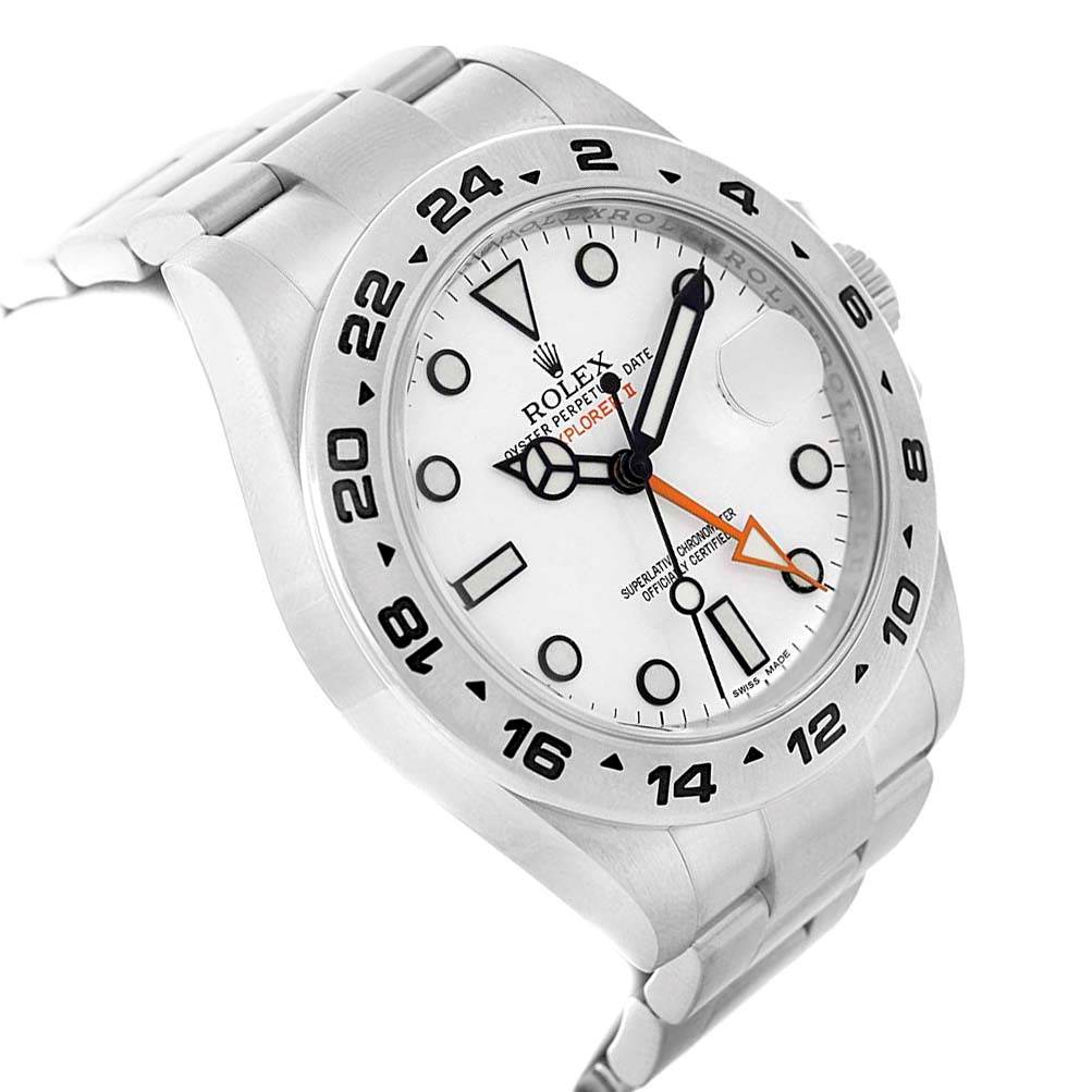 The Rolex Explorer 216570 Men's Stainless Steel White Dial 216570 Men's Stainless Steel White Dial watch is shown from a front angle, featuring the dial, bezel, and part of the bracelet.