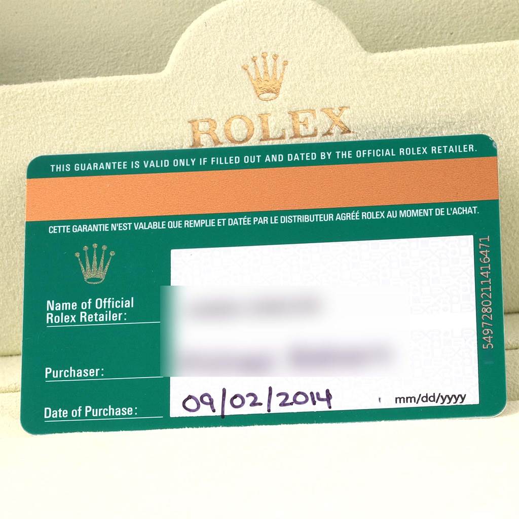 The image shows a warranty card with a Rolex logo for the Explorer model, providing purchase details.