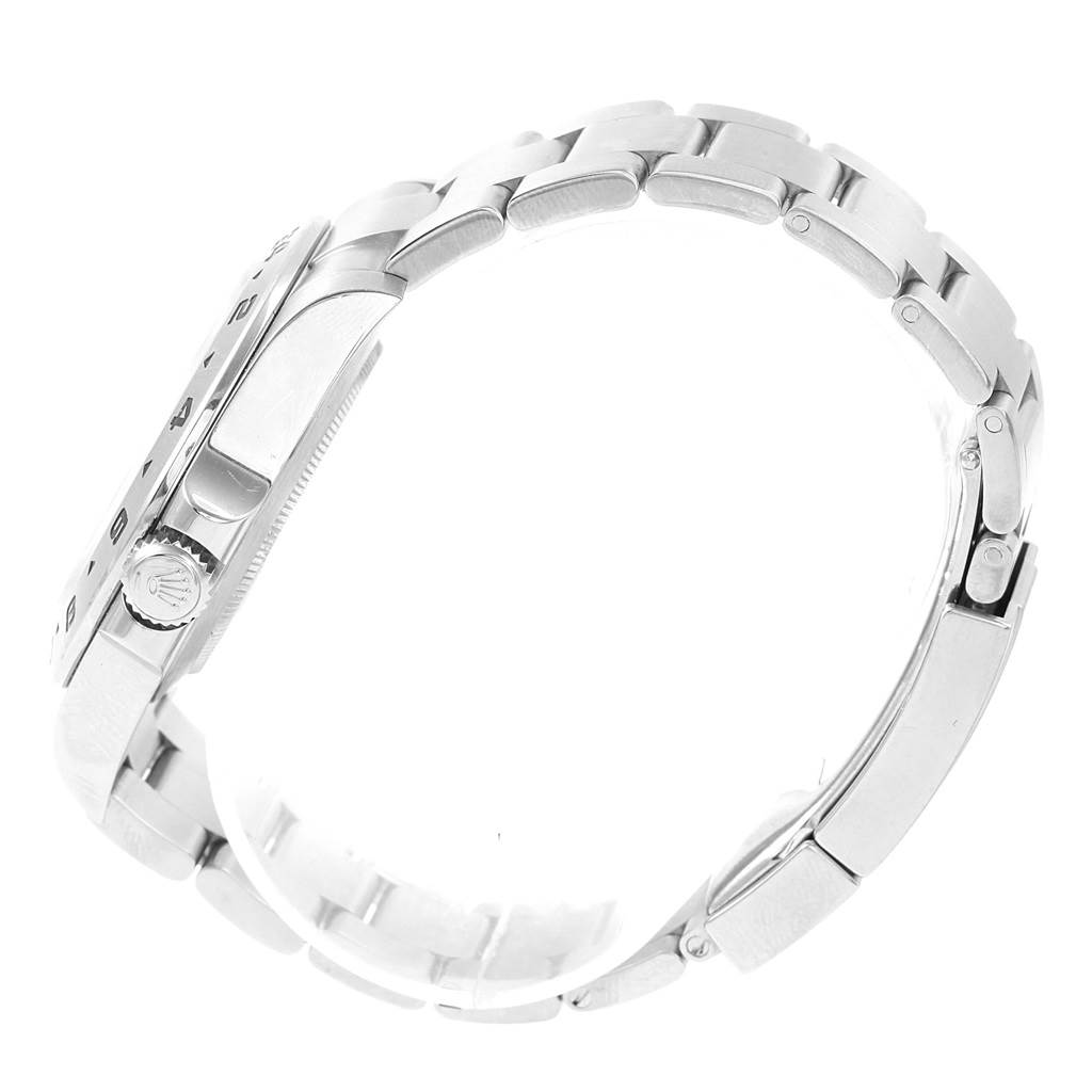 The image shows a side view of a Rolex Explorer 216570 Men's Stainless Steel White Dial 216570 Men's Stainless Steel White Dial model, highlighting the crown, case, and bracelet.